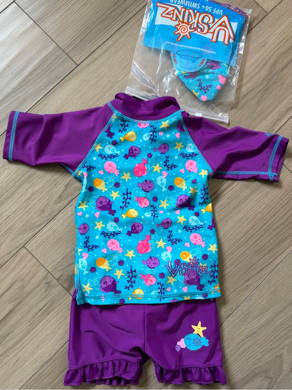 UV Skinz 12/18 Months Purple & Turquoise Fish Print Rash Guard 3 piece Set NWT